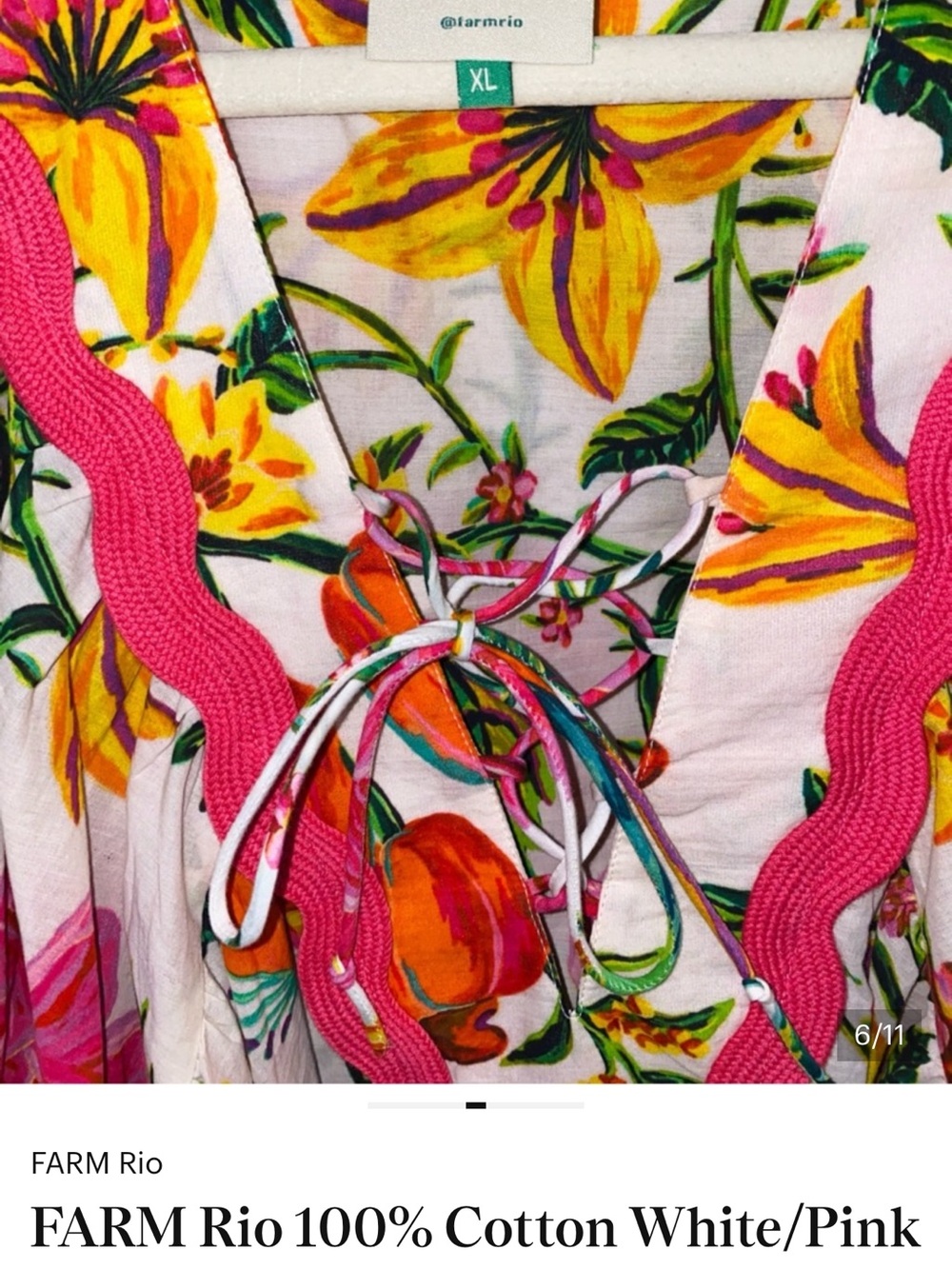 FARM Rio 100% Cotton Multicolor Floral Boho Top, Size Large - Picture 4 of 4